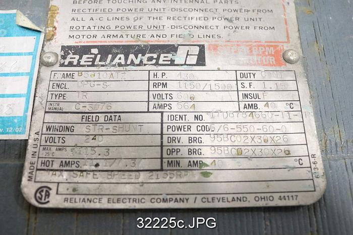 Used Reliance 17DB734660-110F, 43 Hp, 1130-1300RPM, 600Volt, DC Motor #32225