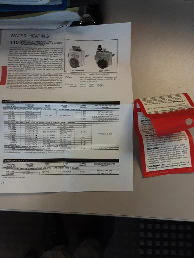 Used Robertshaw Part #110-506 Gas Water Heater Thermostat