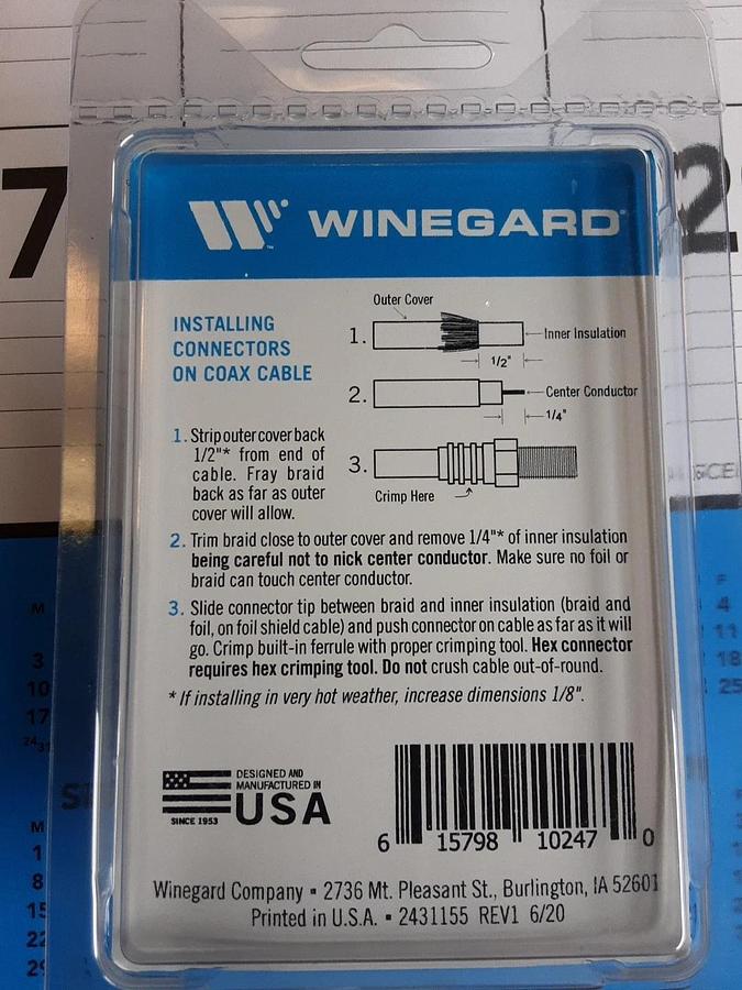 Winegard Coaxial Connector Fits RG-6 Cable Part #FC-5602