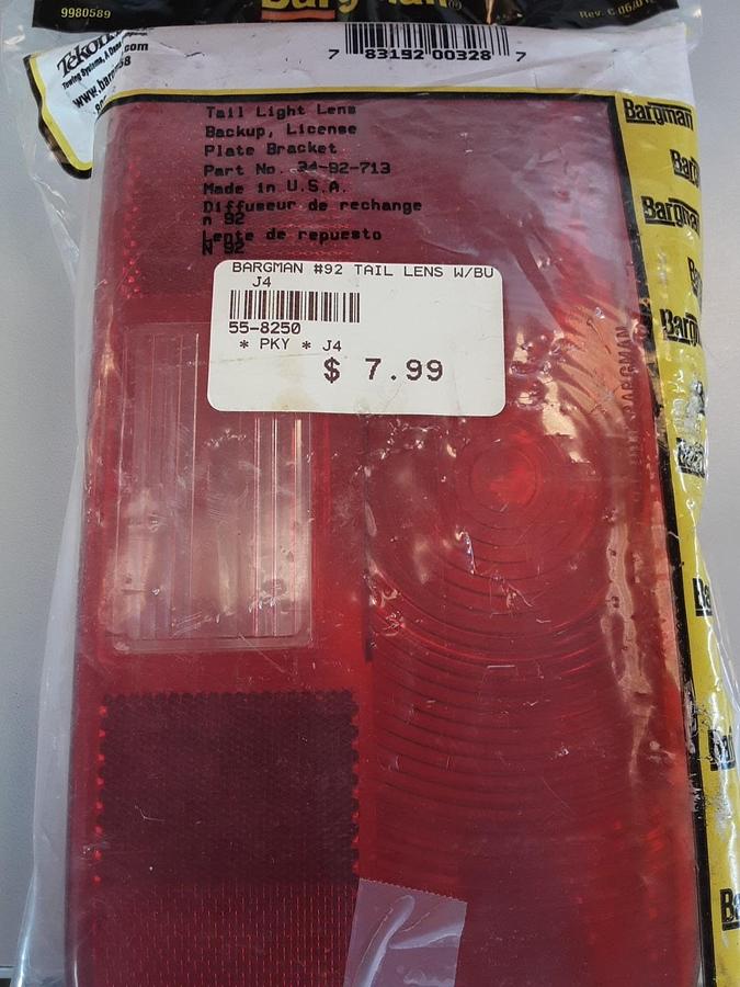 Bargman #92 Tail Light Lens Backup Part #55-8250