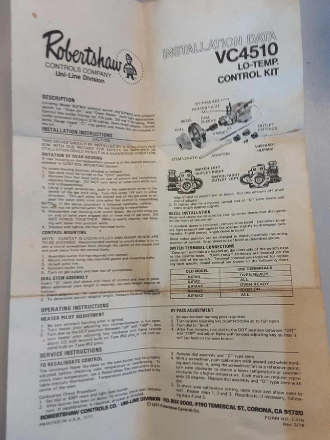 VC4510-001 Robertshaw Oven Thermostat