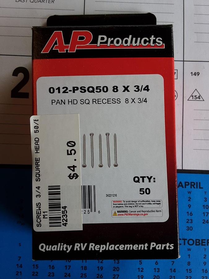 AP Products Pan HD SQ Recess 8 X 3/4 Screws. Part # 42354