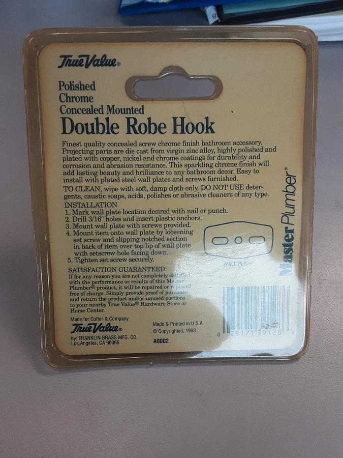 True Value Polished Chrome Double Robe Hook Part #739-128