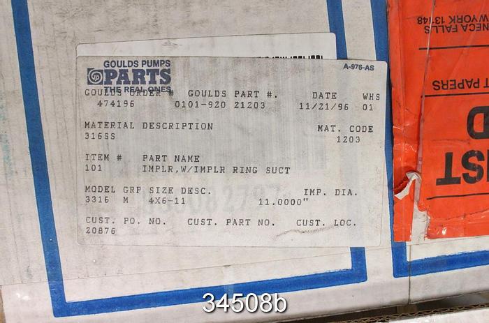 Used Goulds 3316 Impeller, 4x6x11, 5-Vane, 11" Diameter #34508