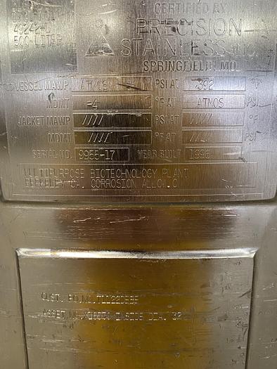 Used Precision 500 Liter Stainless Steel Insulated Mixing Tank w/ PharMix Agitator