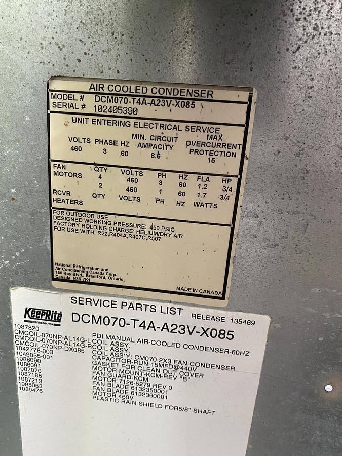 Used Used National Refrigeration and Air Conditioning Air Cooled Condenser Chiller. Model DCM070-t4A-A2v3-X085