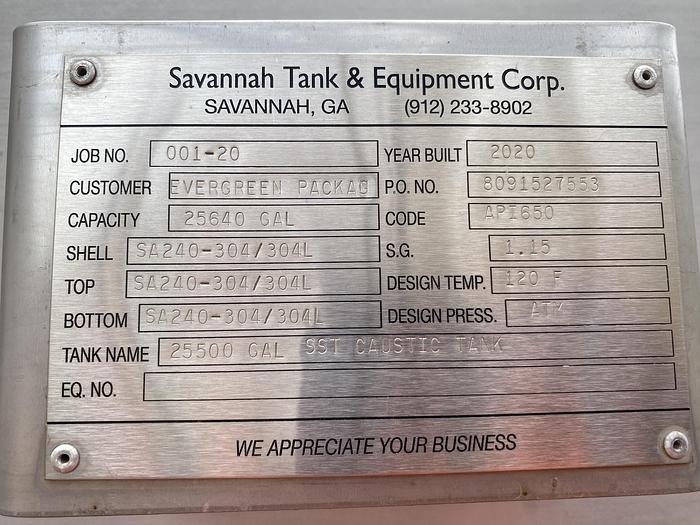 Used Used Savannah Tank and Equipment 25,000 gallon 304L stainless steel vertical tank