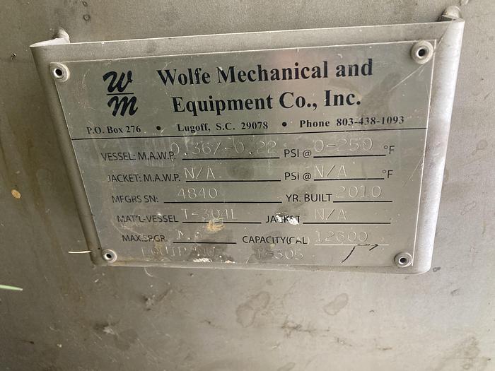 Used Used Wolfe Mechanical approximately 12,600 gallon 304L stainless steel vertical mix tank