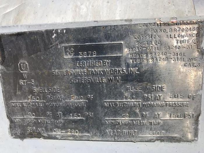 Used Used Sistersville Tank Works Incorporated approximately 745 square foot 316L stainless steel Shell and Tube Heat Exchanger