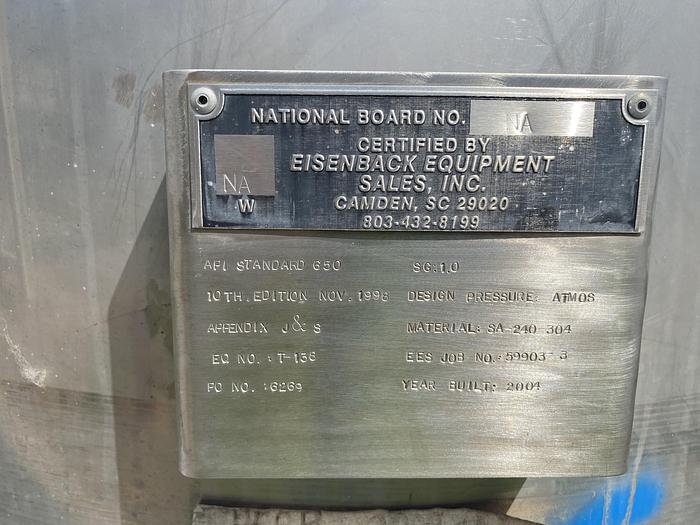 Used Used Eisenback Equipment Sales Inc.  approximately 3000 gallon 304 stainless steel vertical storage tank