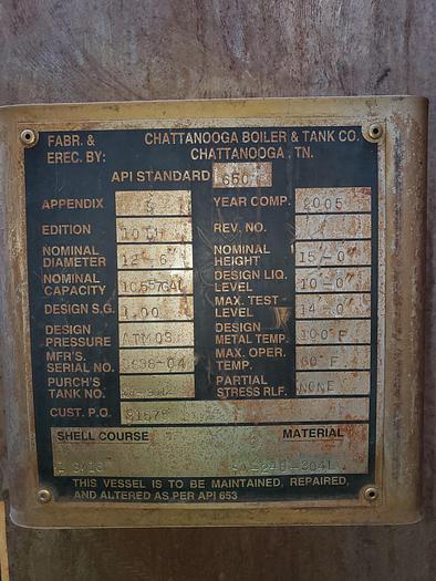 Used Used Chattanooga Boiler and Tank 10,557 gallon 304L stainless steel vertical tank.