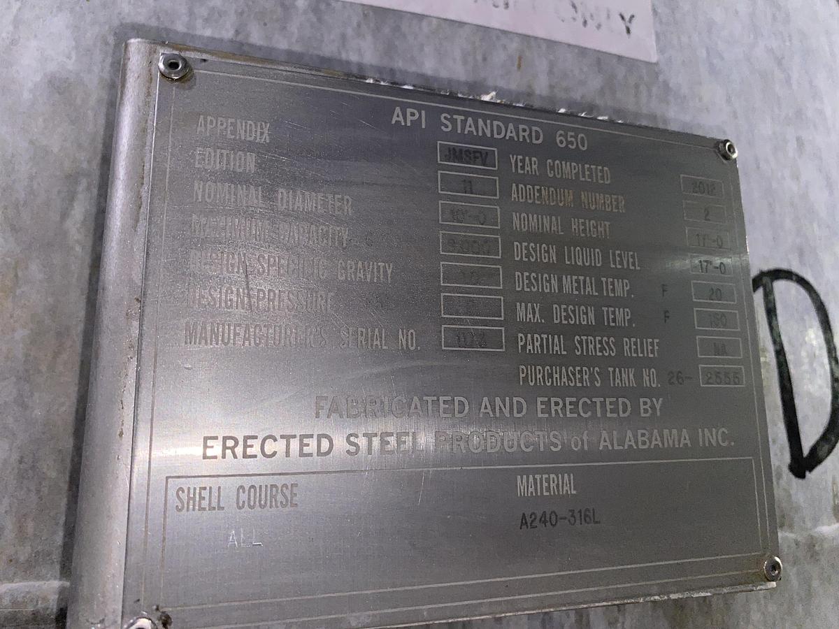 Used Used Erected Steel Products 9,000 gallon 316L stainless steel vertical tank