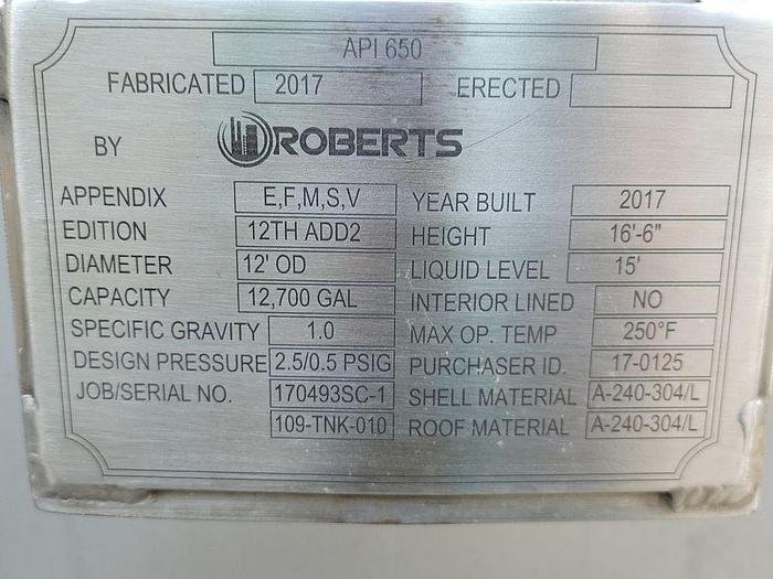 Used Used Roberts approximately 12,700 gallon vertical T304L stainless steel storage tank