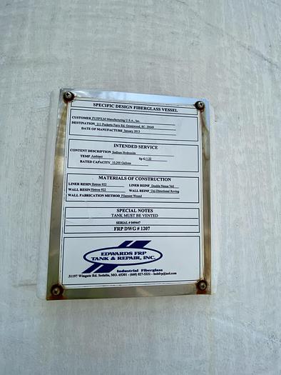 Used Used Edwards FRP Tank & Repair Inc. 10,200 gallon vertical fiberglass tank