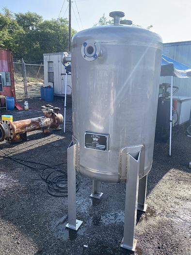Unused Crown Iron Works Co. 215 gallon 304 stainless steel vertical tank.