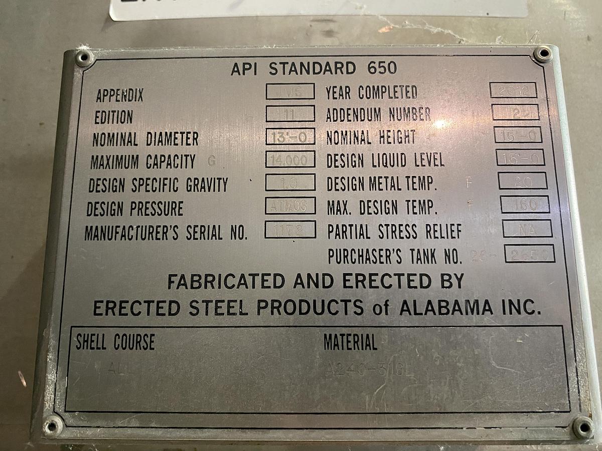 Used Used Erected Steel Products 14,000 gallon 316L stainless steel vertical tank