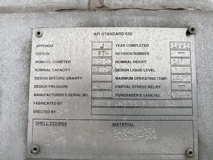 Used Used Reco Industries Inc. 8300 gallon 304 stainless steel vertical storage tank