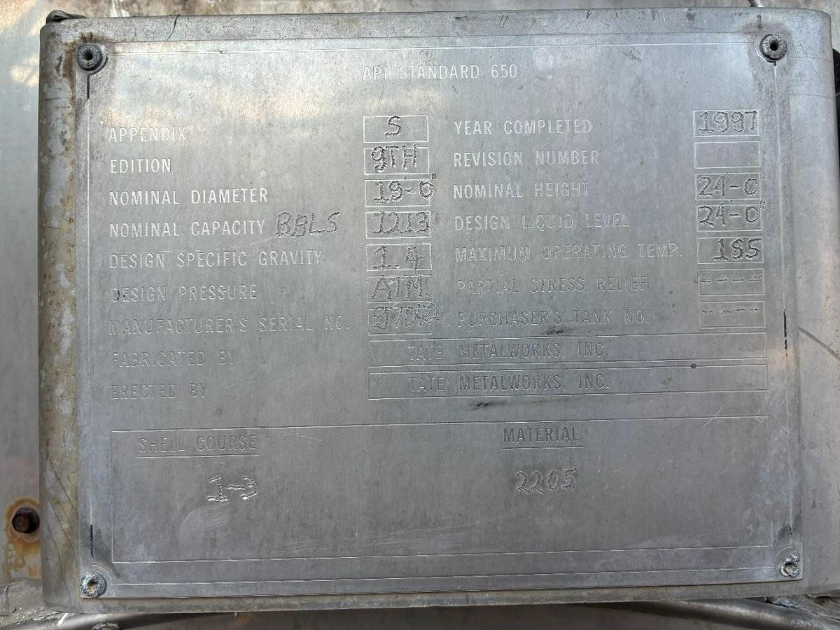 Used Used Tate Metalworks Inc. approximately 50,000 gallon 2205 duplex stainless steel tank
