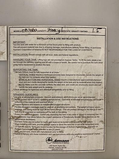 Used Used Assmann approximately 8000 gallon cone bottom poly tank