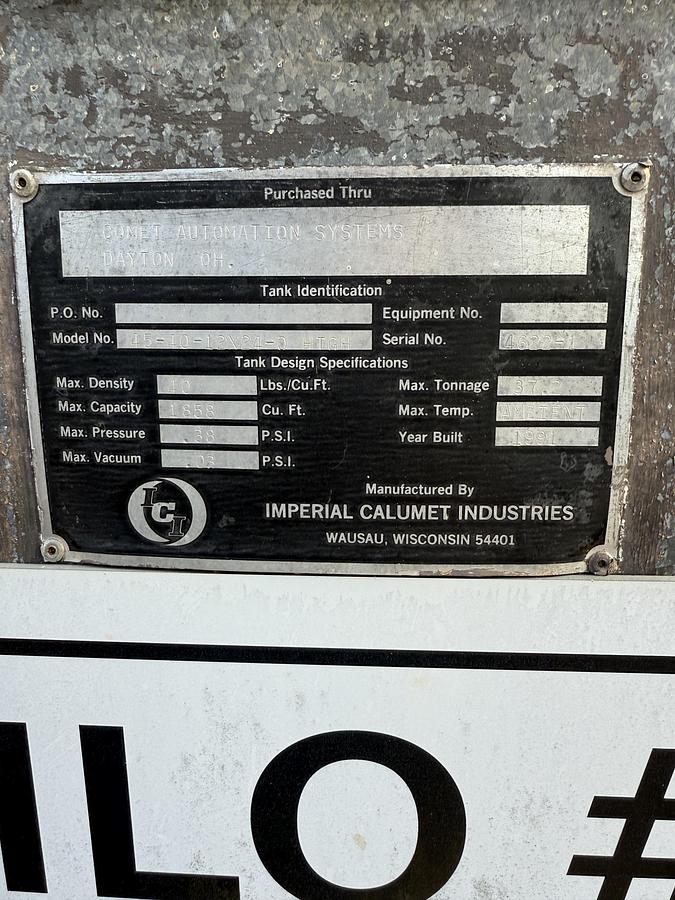 Used Used Imperial Calument Industries 1858 cu ft. Carbon Steel vertical bulk material silo