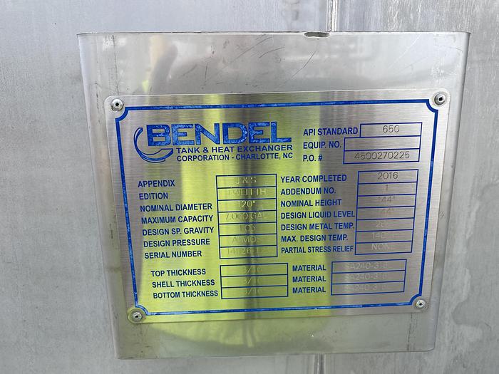 Used Used Bendel 7000 gallon 316 SS vertical storage tank.  10' diameter X 12' high straight side