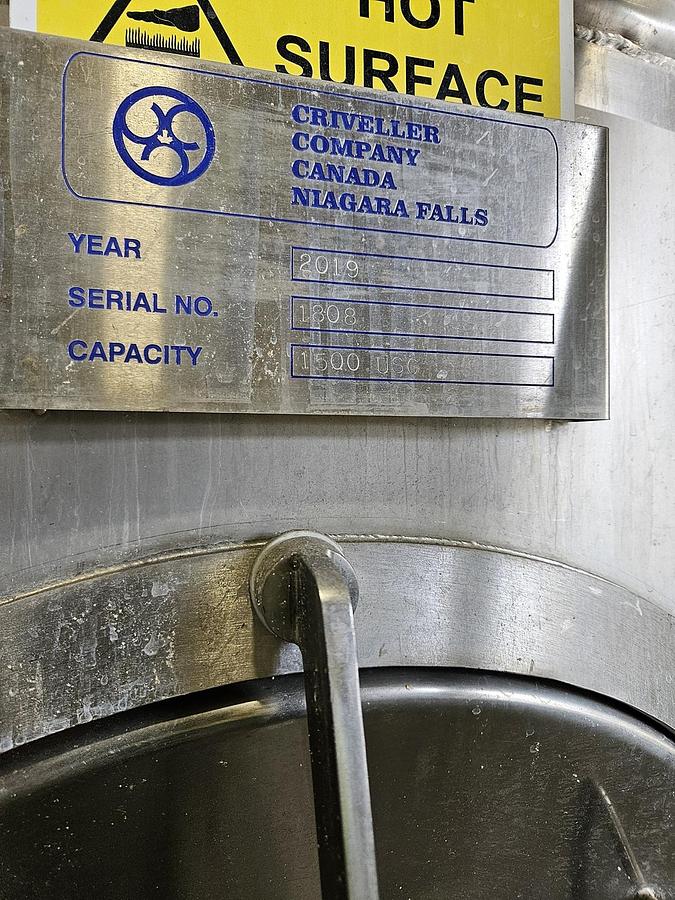 Used Used Criveller 1,500 gallon kosher 304 stainless steel jacketed Mash Tun