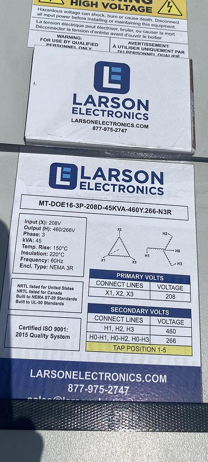 Unused Lawson Electronics  Model MT-DOE16-3P-208D 45KVA-460Y.266-N3R Transformer.