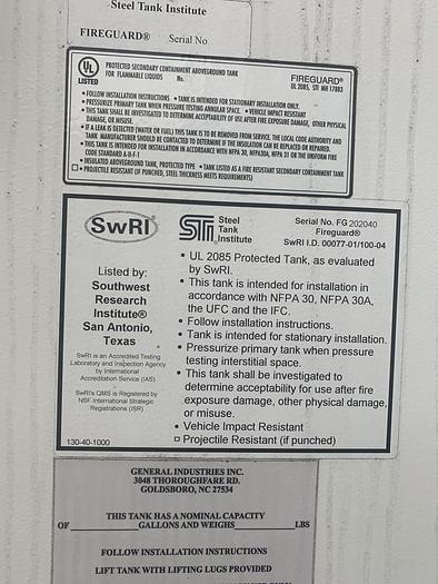 Used Used General Industries 15,000 gallon FIREGUARD horizontal fuel tank