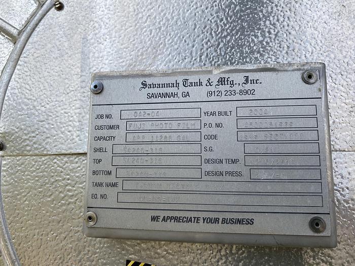 Used Used Savannah Tank & Mfg Inc. approximately 11,288 gallon 316 stainless steel horizontal storage tank
