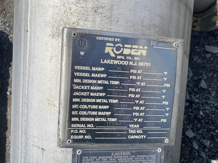Used Used Roben MFG Co. Inc..  approximately 250 sq. ft. 316/317L stainless steel shell and tube vertical heat exchanger