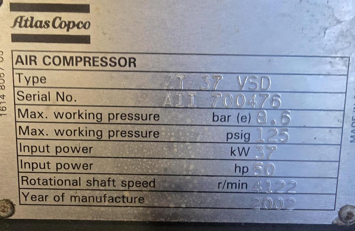 Used Used Atlas Copco Type ZT 37 VSD oil free air compressor