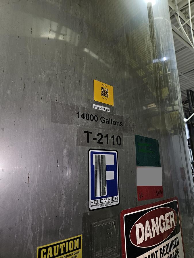 Used Used Feldmeier 14,000 gallon 304 stainless steel sanitary storage tank.
