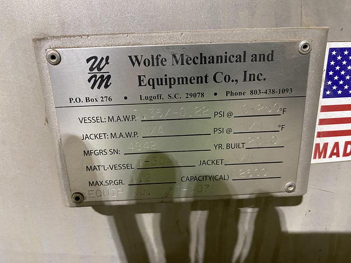Used Used Wolfe Mechanical approximately 12,600 gallon 304L stainless steel vertical tank
