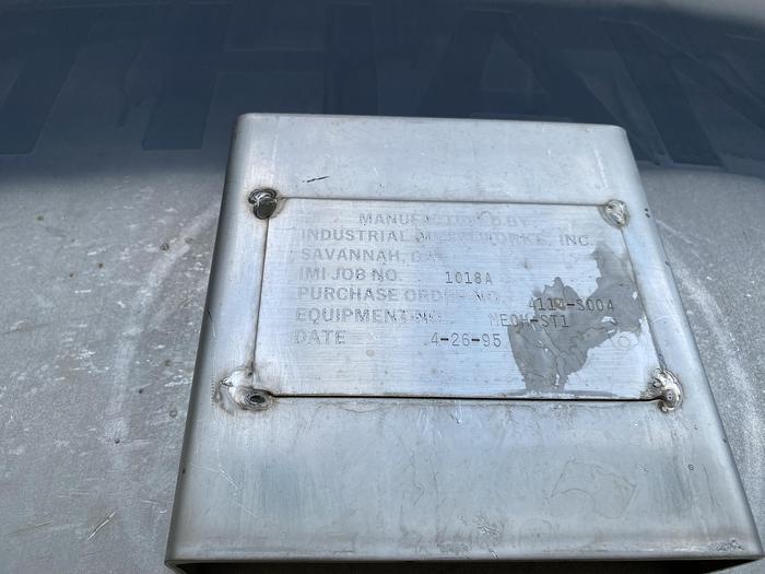 Used Used Industrial Metal Works Inc. approximately 3000 gallon stainless steel horizontal storage tank