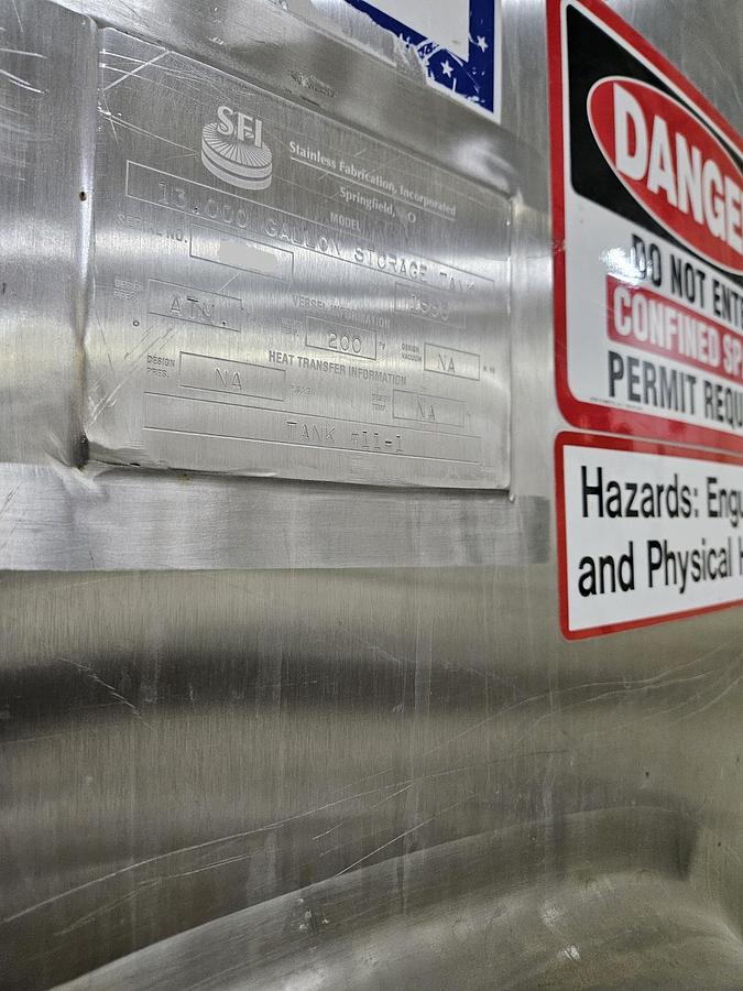 Used Used SFI 13,000 gallon 304 stainless steel sanitary storage tank