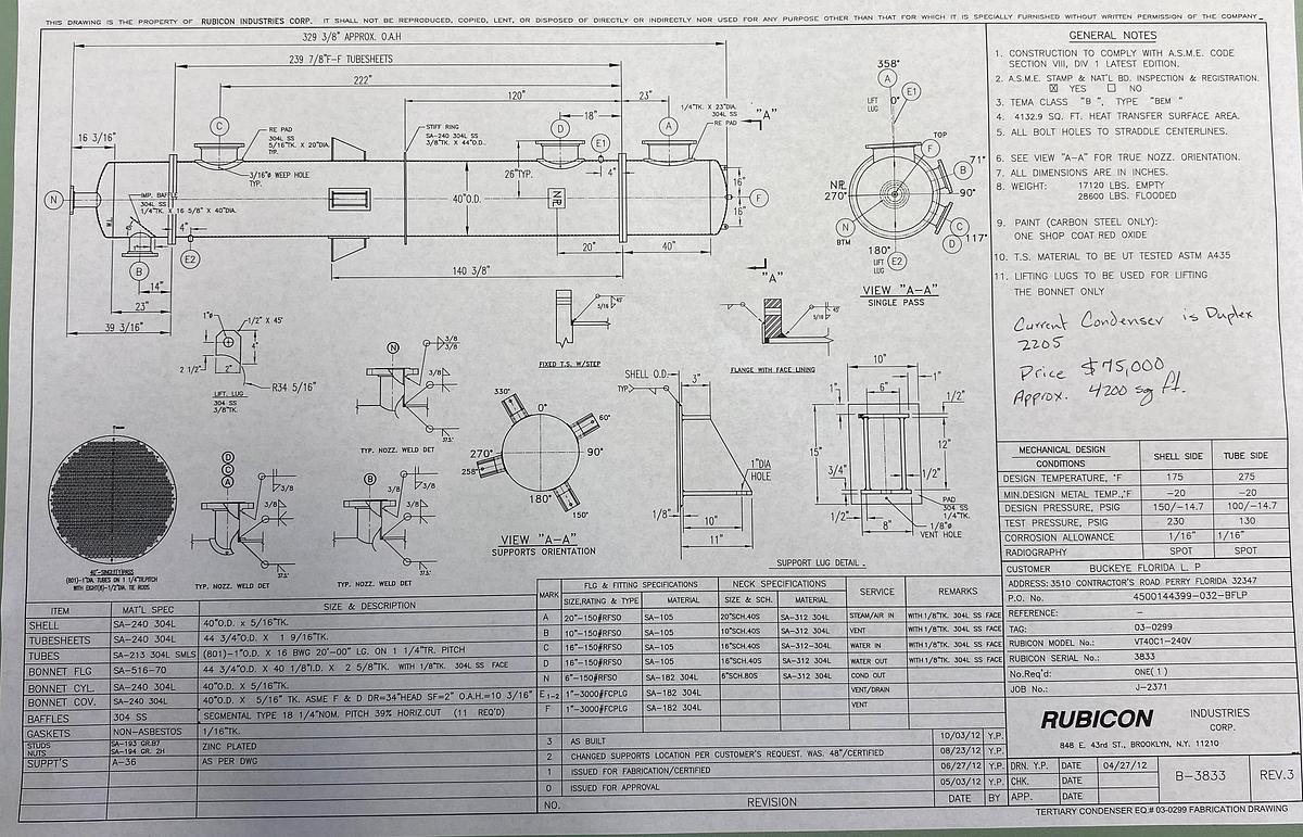 Used Used Rubicon Industries approximately 4200 sq ft. 304L/Duplex 2205 vertical shell and tube heat exchanger