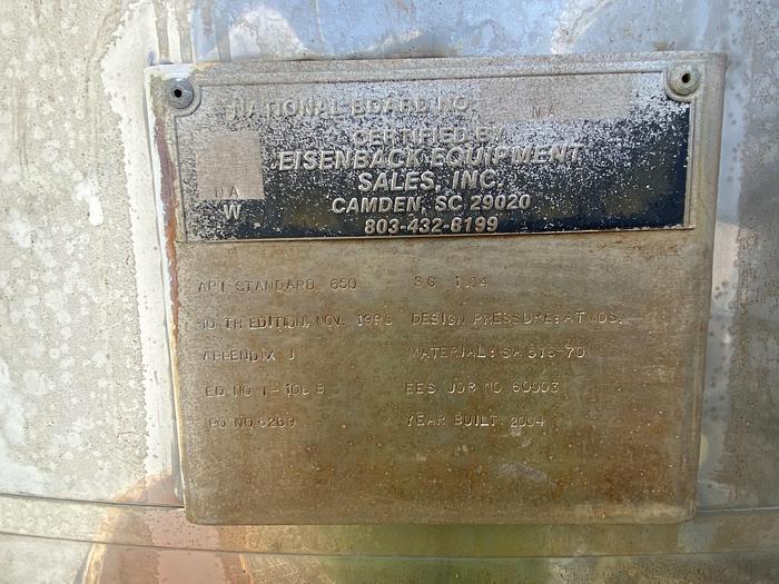 Used Used Eisenback Equipment Sales Inc. approximately 8000 gallon carbon steel vertical storage tank.