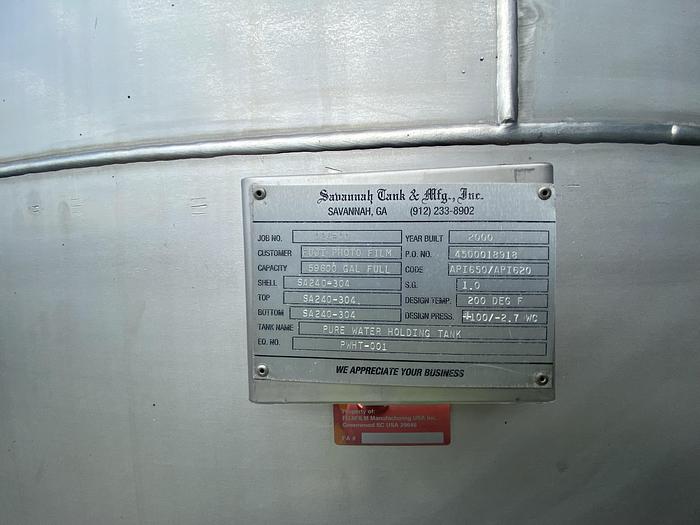 Used Used Savannah Tank & Mfg. Inc. 59,600 gallon 304 stainless steel vertical storage tank f...