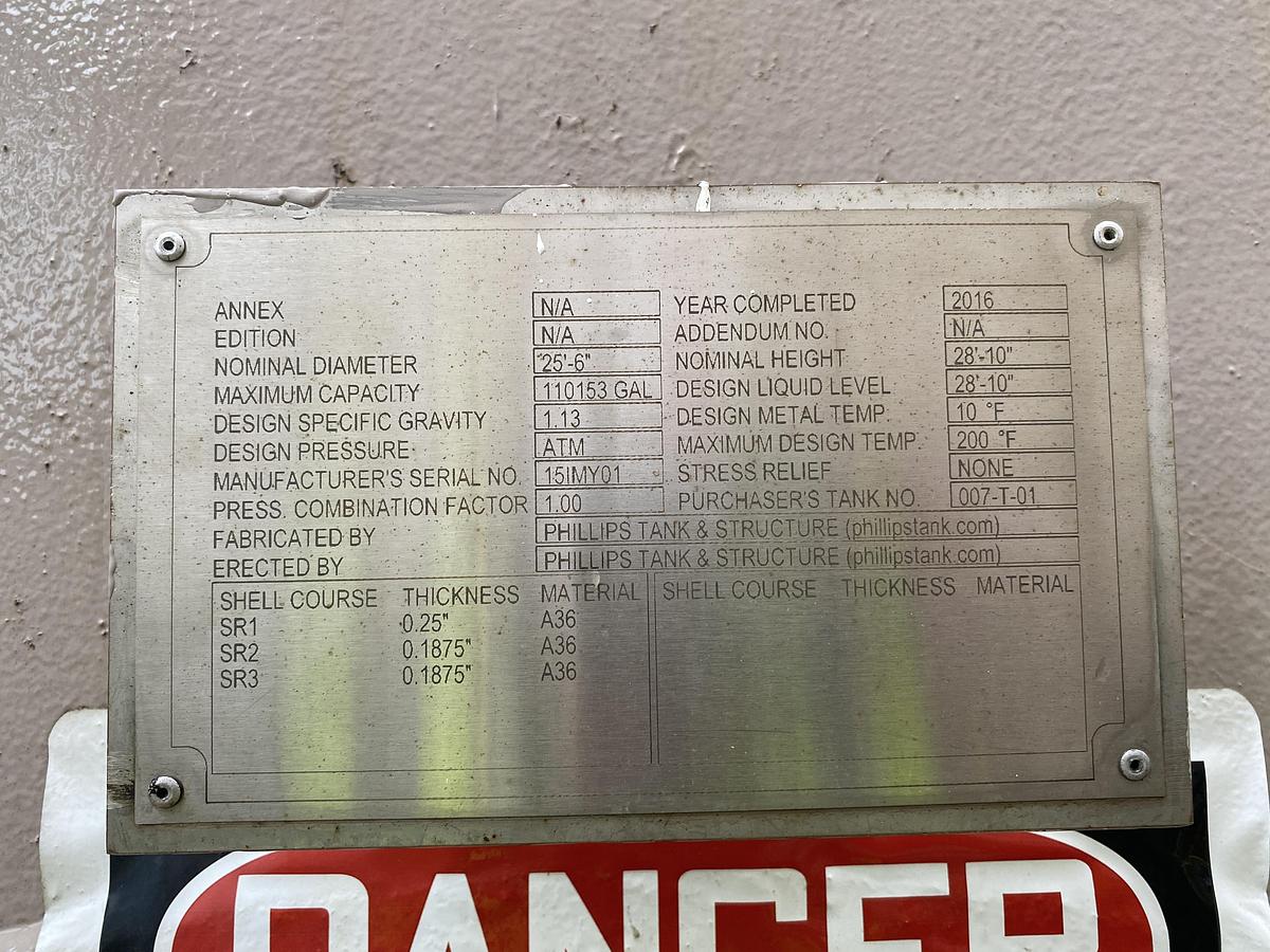 Used Used Phillips Tank and Structure 110,153 gallon carbon steel vertical storage tank.