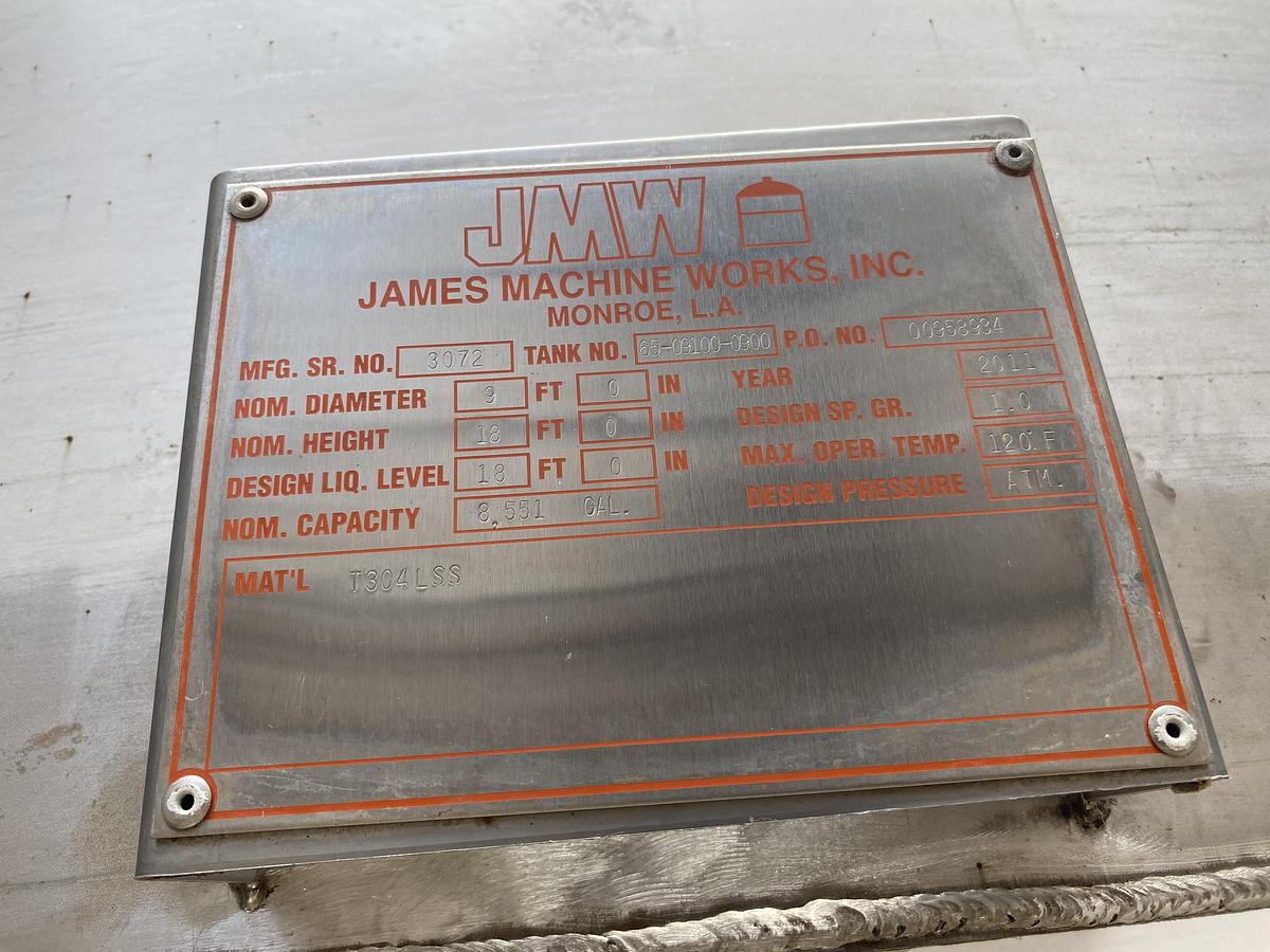 Used Used James Machine Works 8,500 gallon 304L stainless steel vertical tank