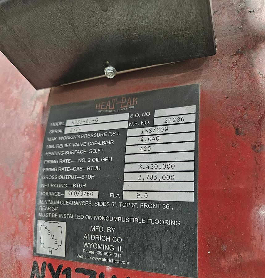 Used Used Aldrich Heat-Pak Model A3S5-85-G/A3S5R-C-85-G 85HP low pressure, hot water boilers