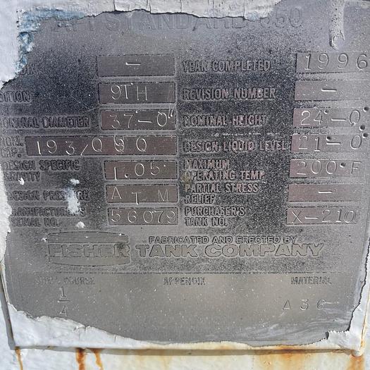 Used Used Fisher Tank Company 193,000 gallon carbon steel vertical tank