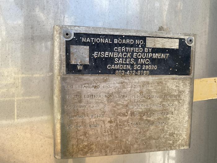 Used Used Eisenback Equipment Sales Inc.  approximately 3000 gallon 304 stainless steel vertical storage tank