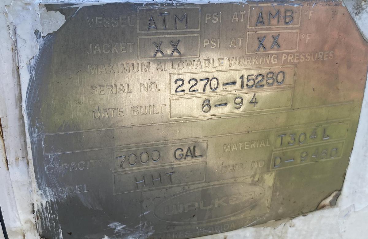 Used Used Walker 7000 gallon 304L Model HHT, horizontal insulated tank.