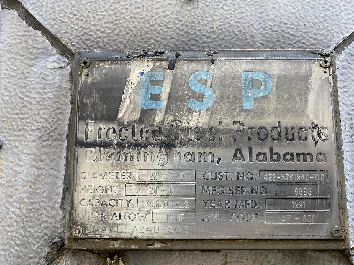 Used Used Erected Steel Products 79,620 gallon 304L stainless steel storage tank.