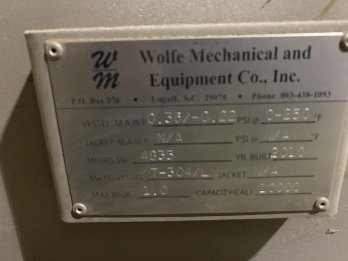 Used Used Wolfe Mechanical approximately 10,000 gallon 304L stainless steel vertical tank