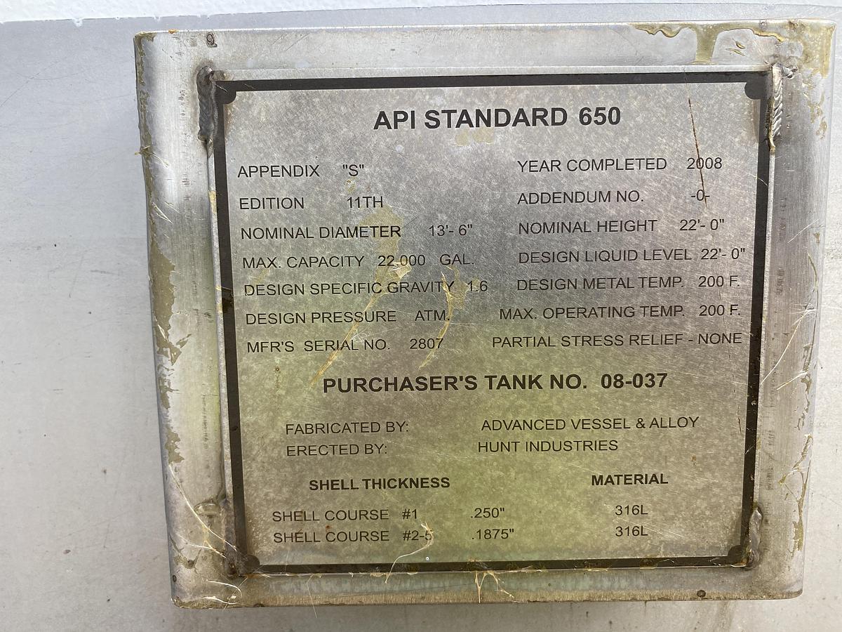 Used Used Advance Vessel and Alloy 22,000 gallon 316L stainless steel vertical tank
