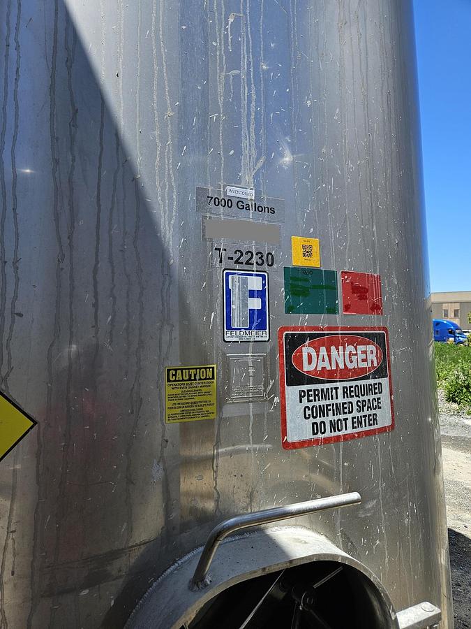 Used Used Feldmeier 7,000 gallon 304 stainless steel sanitary storage tanks