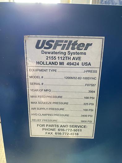 Used US Filter Press 100 cu. ft. recessed plate J-Press. Model: 1200M32-82-100SYHC