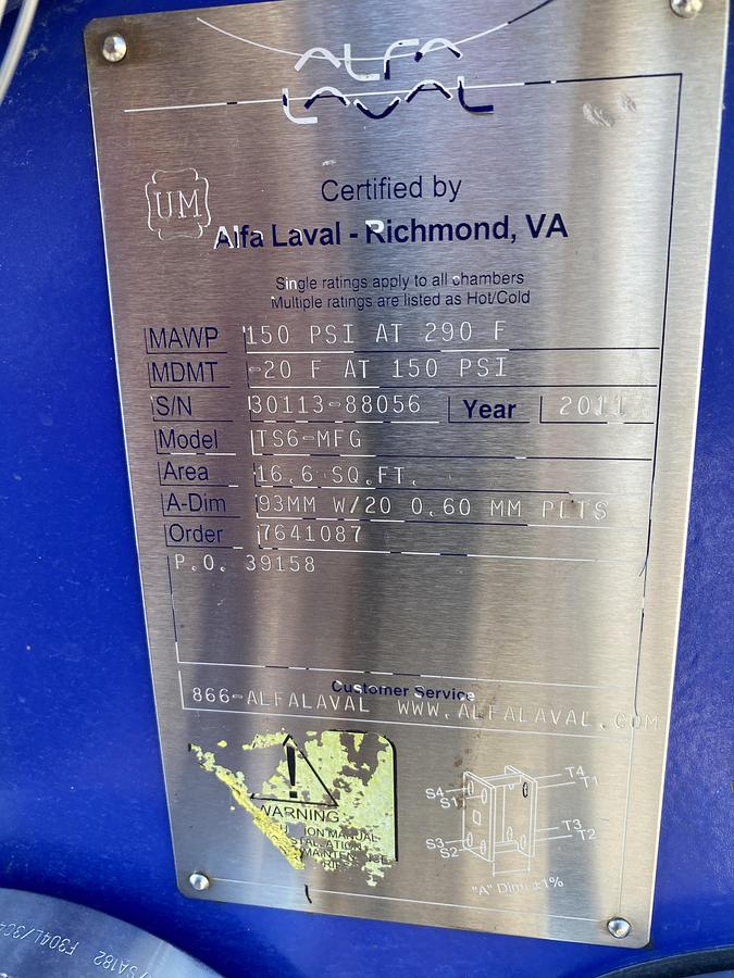 Used Used Alfa Laval 16.6 sq ft stainless steel plate exchanger